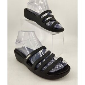 Crocs Rhonda Wedge Sandals Womens Size 6 Black Four Strap Slide Platform Shoes
